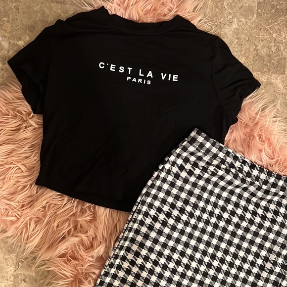 SHEIN Slogan Graphic Top & Split Hem Gingham Skirt Set - L - Picture 4 of 4